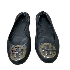 Tory Burch Reva Ballet Flats Women’s 6.5 Travel Black Leather Silver Medallion
